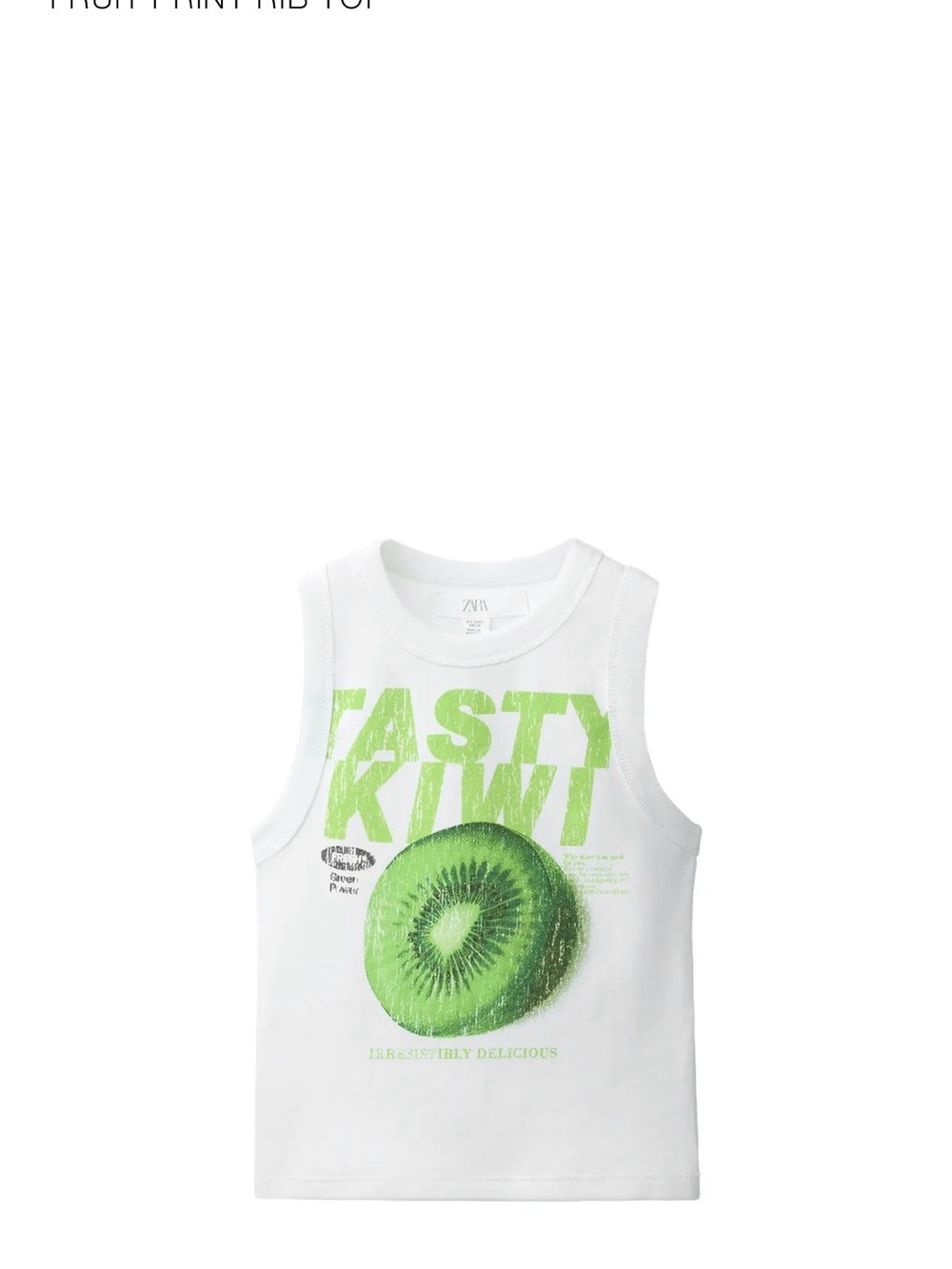 Zara White Tank Top with Bright Green Kiwi Graphic